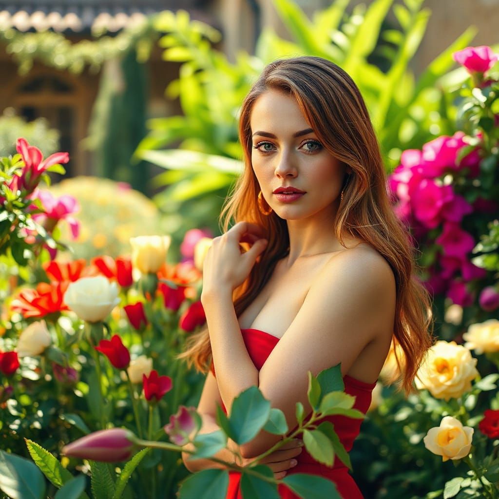 Italian Woman in Sun-Drenched Garden, Cinematic Portrait