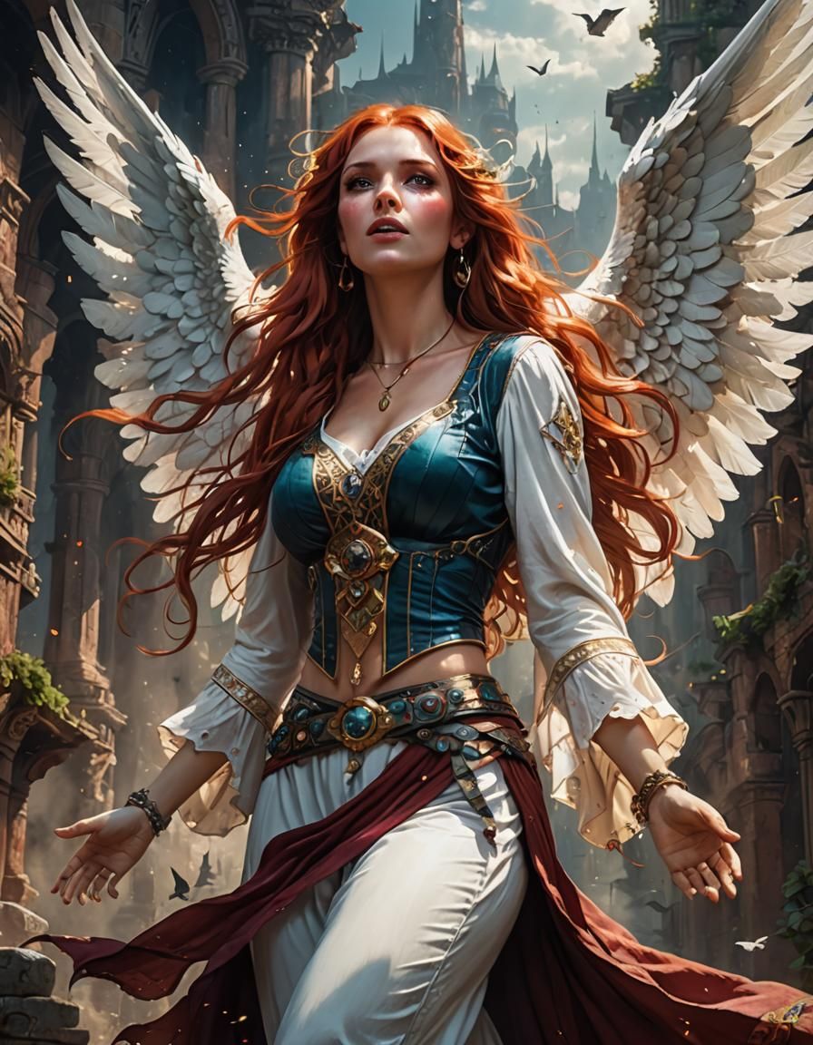 Red-Haired Angel Singing, Detailed Digital Art