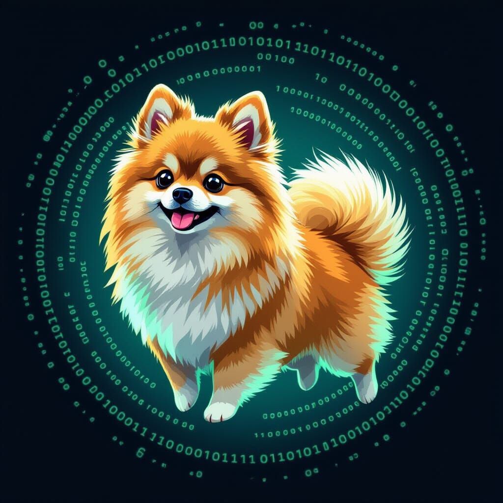 Whimsical Pomeranian Dog Made of Glowing Green Code