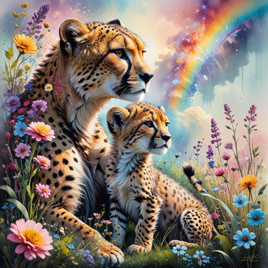 Vibrant Spring Garden Scene with Cheetah Cub, Dog, and Lion ...