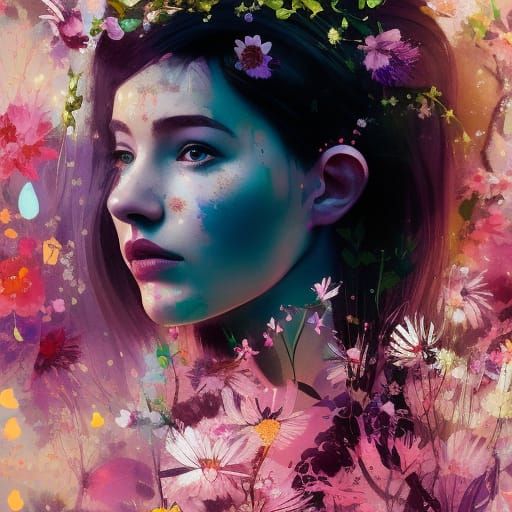 Beautiful Woman Surrounded by Flowers Digital Art