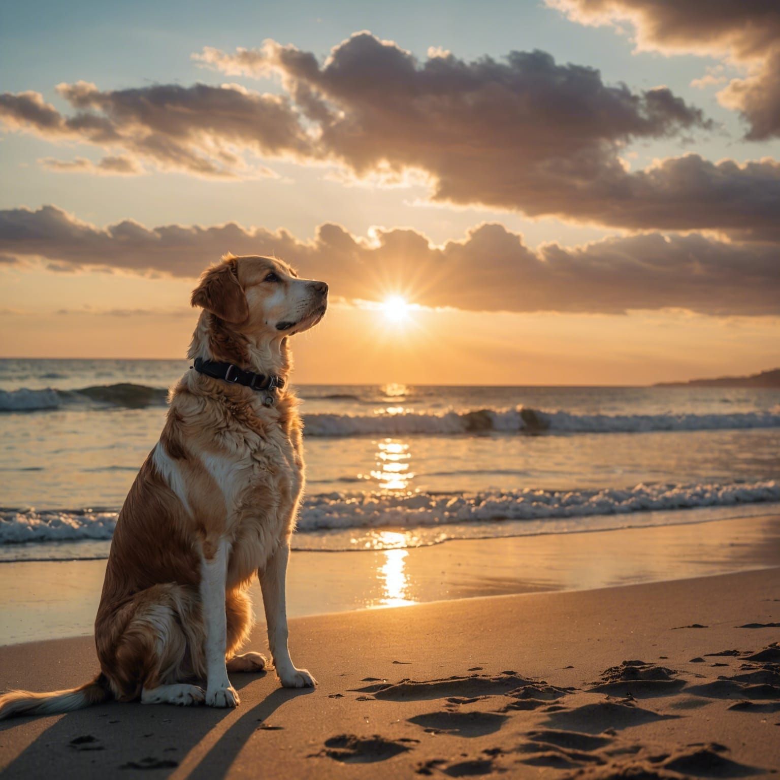 Dog Watches Sunset on Beach with Sunbeams