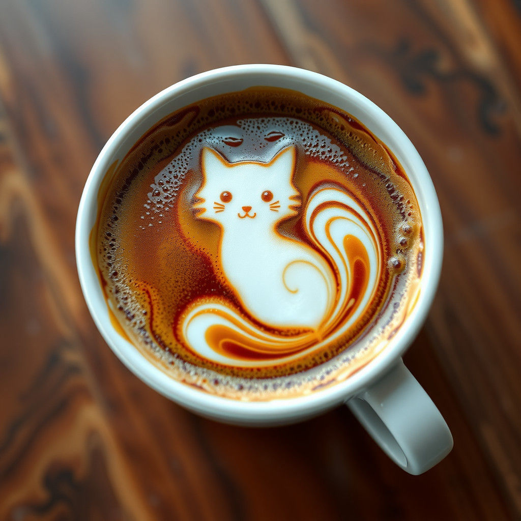 Latte Art Cat in Coffee Foam: Fantasy Concept