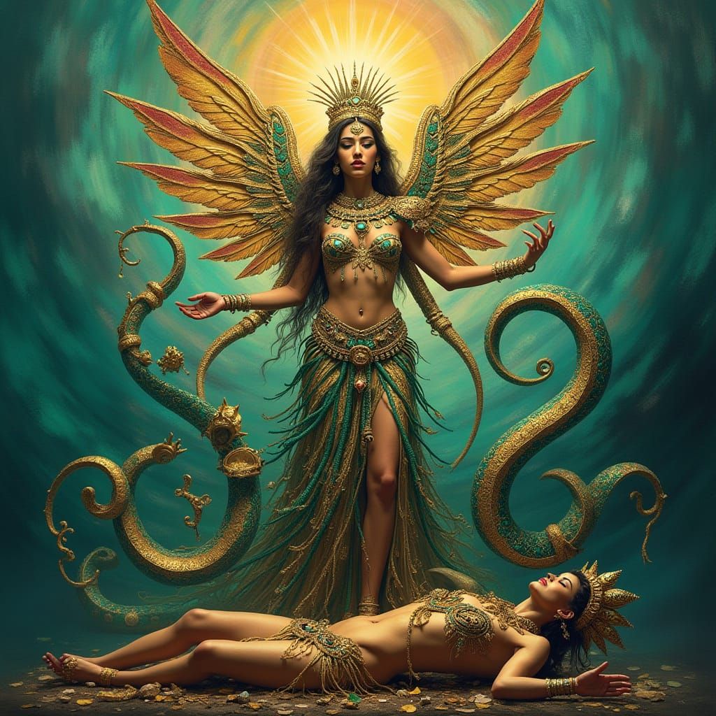 Aztec Goddess Coatlicue Gives Birth to Sun God in Vibrant At...