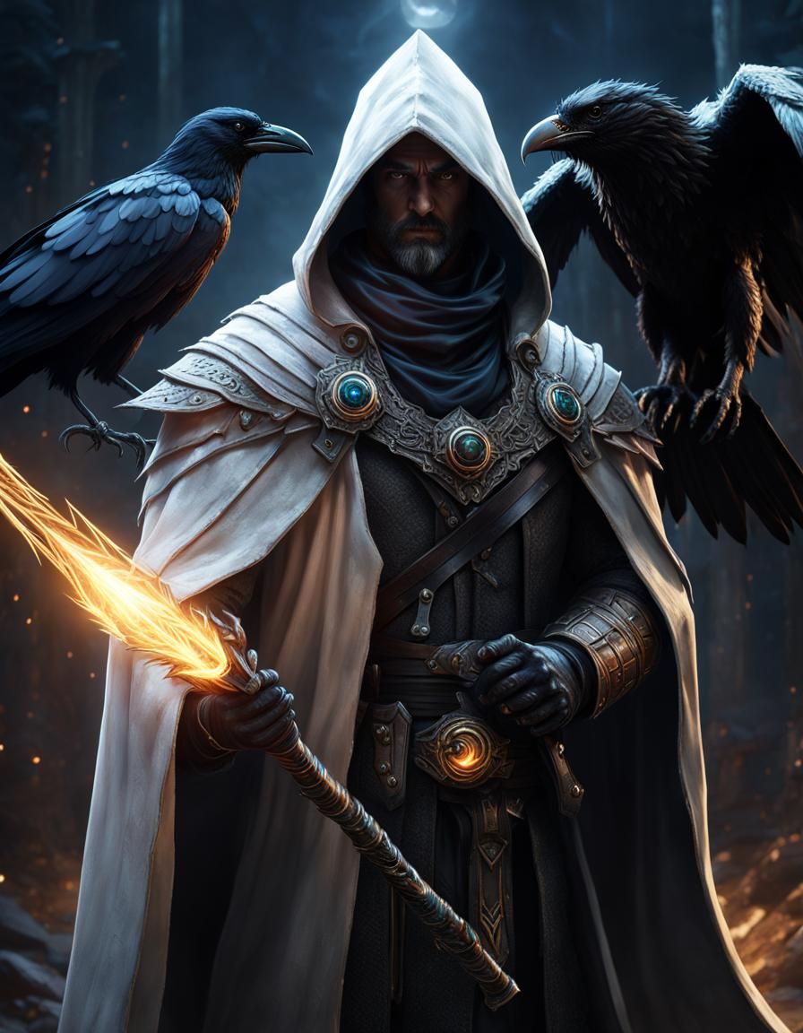 Mysterious Wizard Portrait with Raven, Dark Fantasy Art