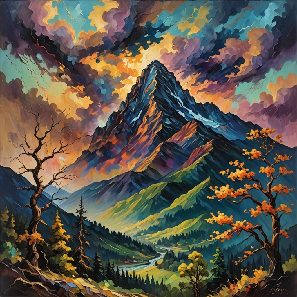 Ominous Mountain in Expressionist Neo-Impressionism Style