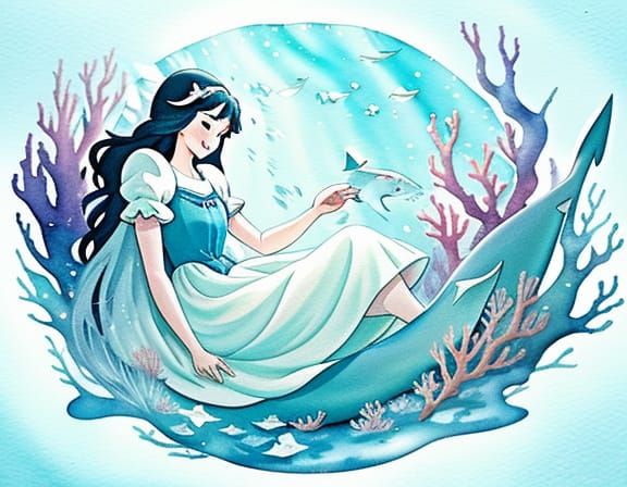 Whimsical Shark Snow White in Coral Reef