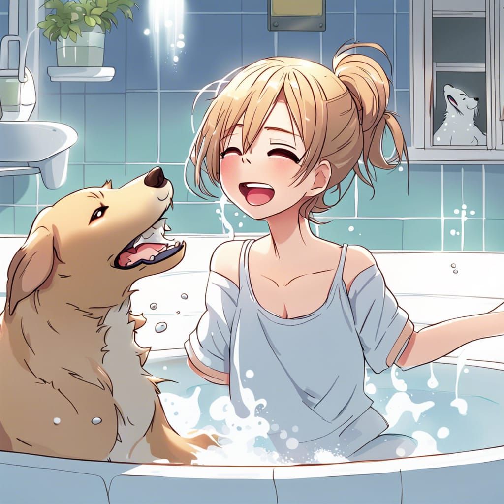 Girl and Dog Bathing in Anime Style