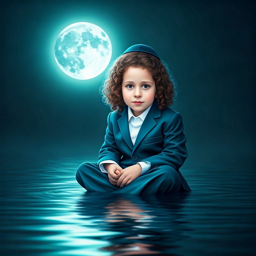 Sweet Haredi Boy Under Turquoise Moon, Dreamy Art