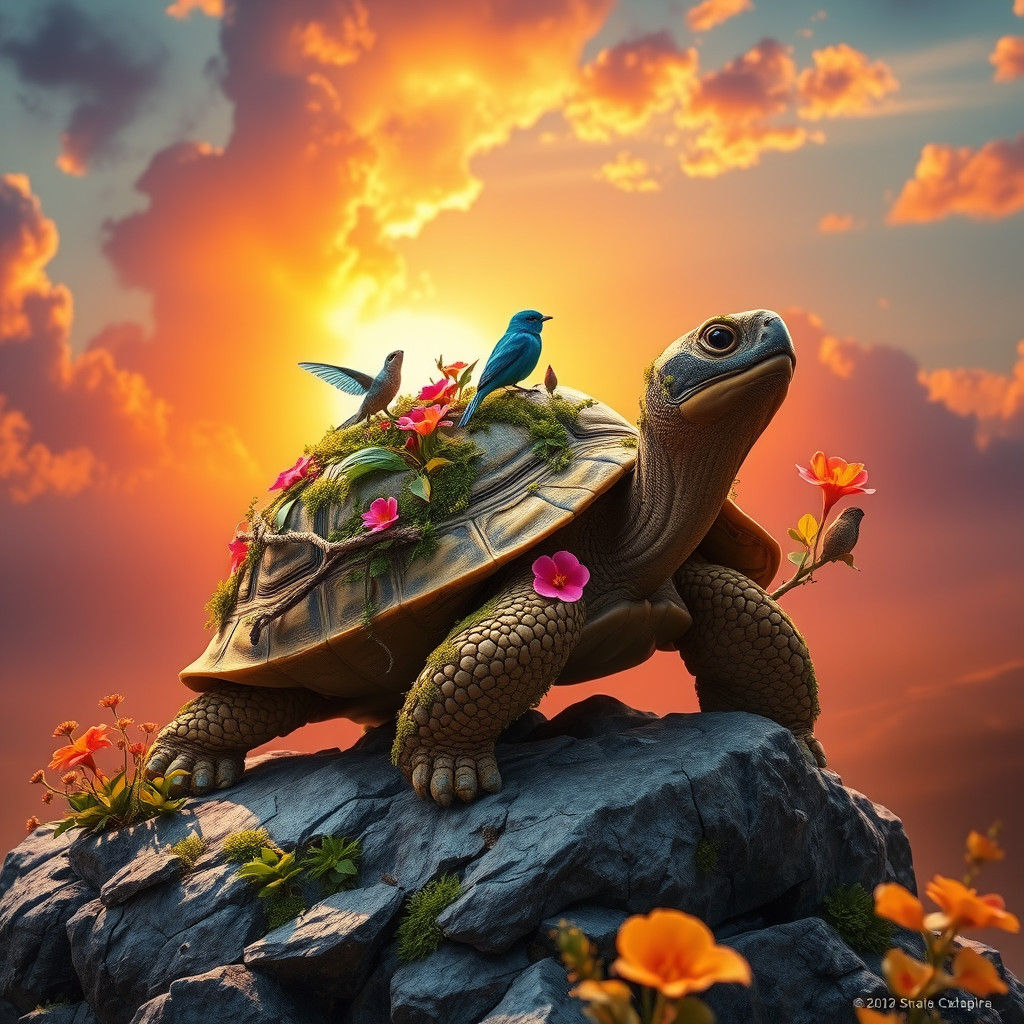 Wise Tortoise Surveys Sunset in Fantasy Art Style