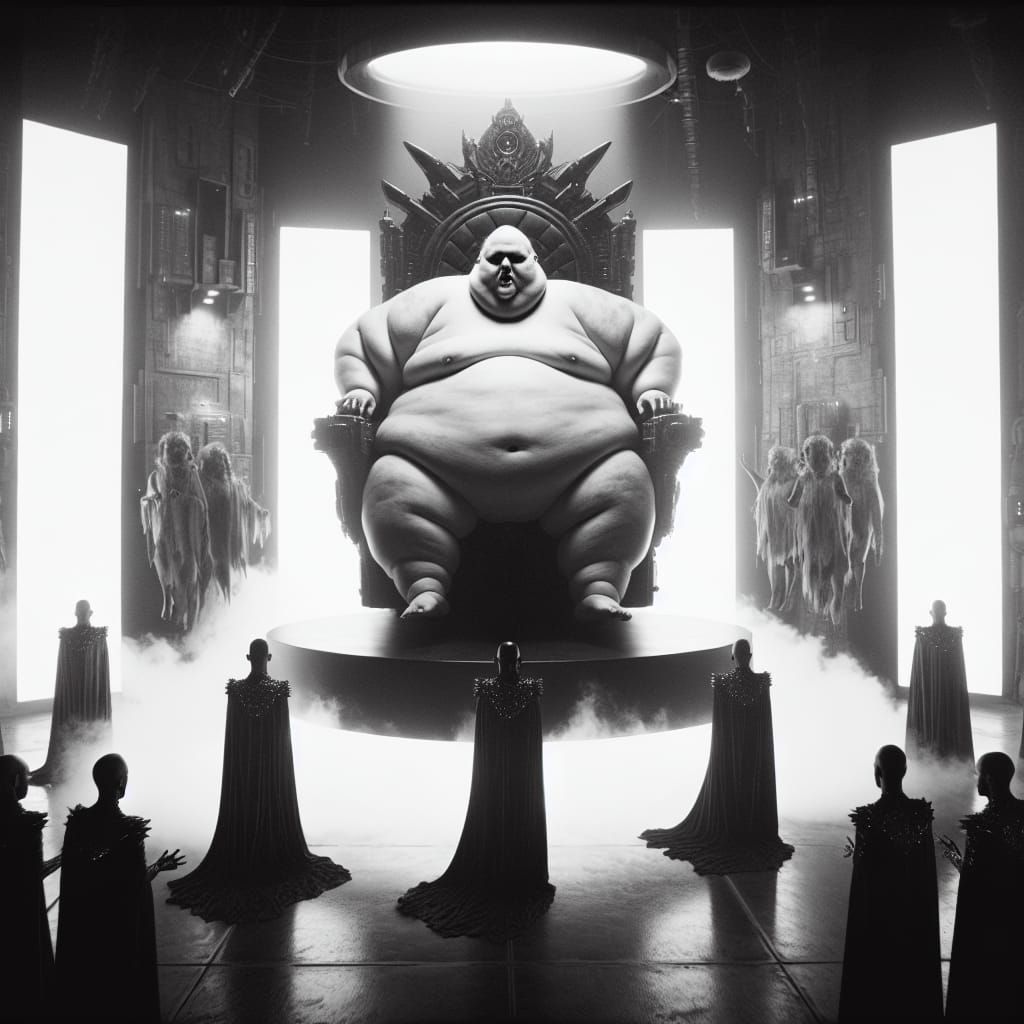 Dystopian Noble on Floating Throne in Grayscale