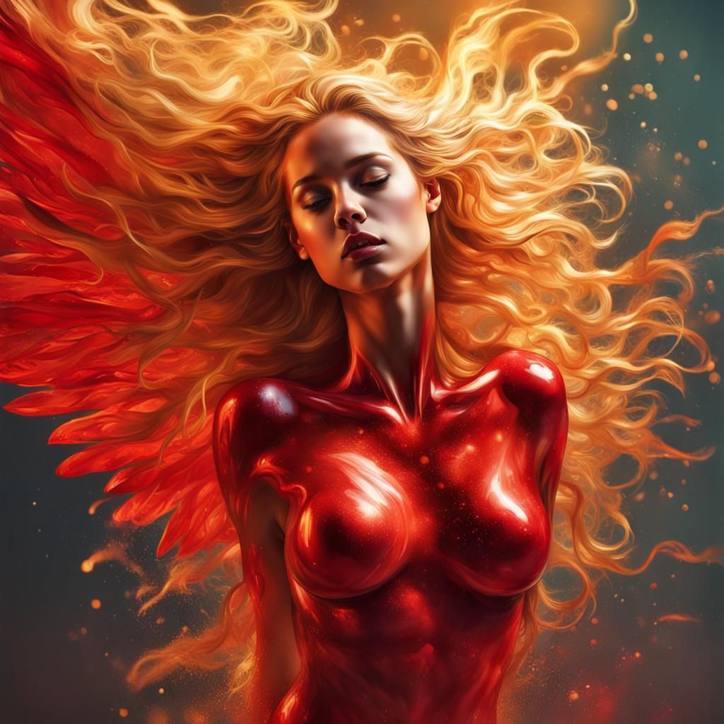 Hyperrealistic Red Angel with Golden Hair