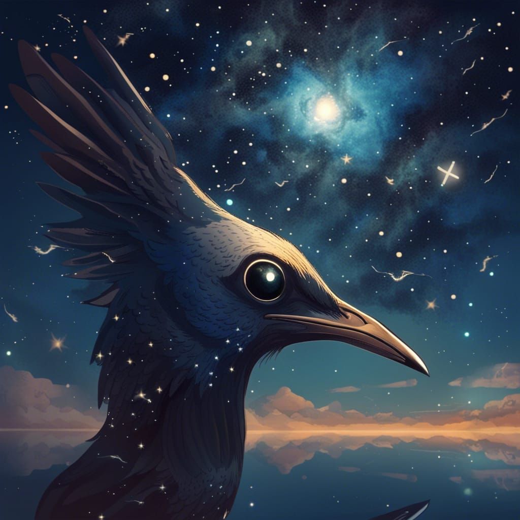 Bird Flying in Starry Sky Reflected in Eyes