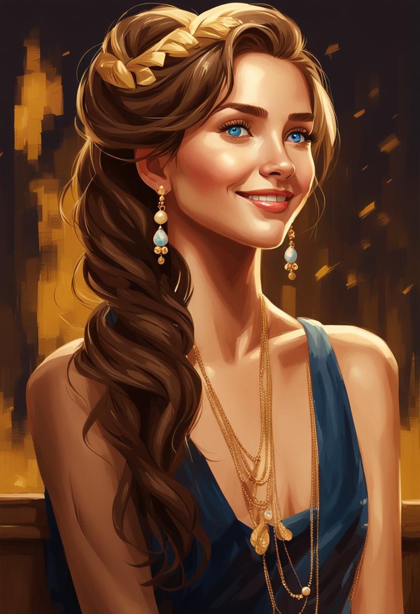 Smiling Brunette with Golden Earrings on Gold