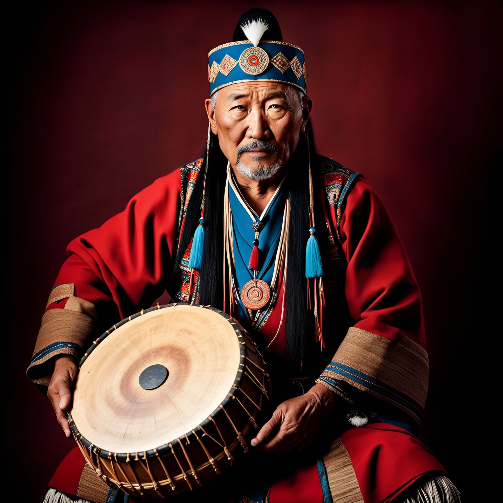 Portrait of a Mongolian Shaman with Drum