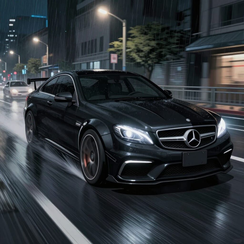Anime Style Black Mercedes C63 AMG Speeds Through City