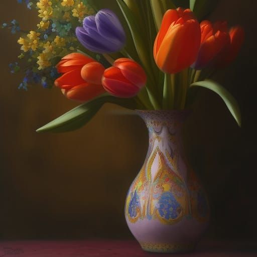 Colorful Tulips in Filigree Vase, Impressionist Gouache Pain...