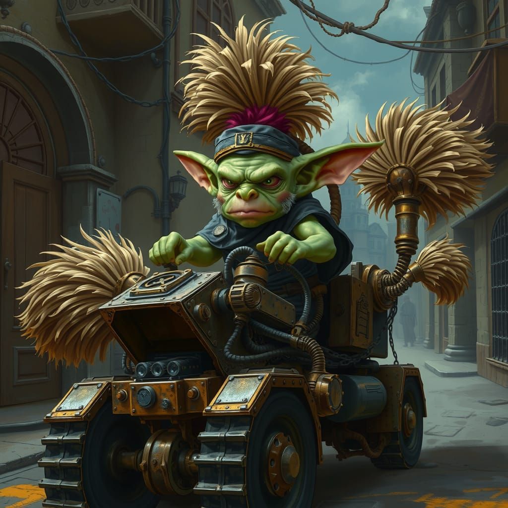 Steampunk Goblin Street Sweeper in Fantasy Slums