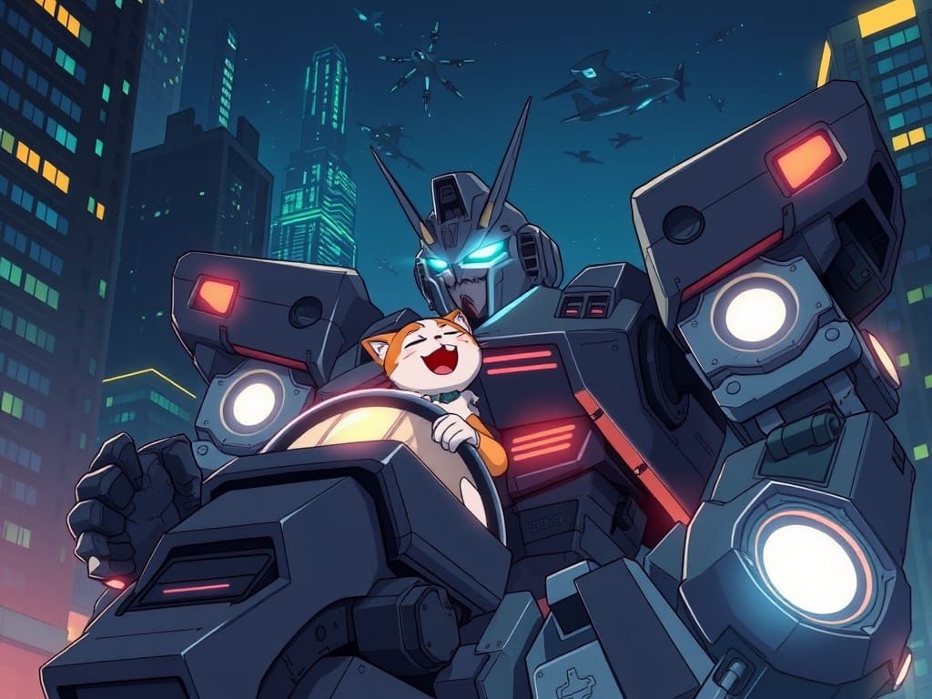 Cyberpunk Cat Pilot Laughs in Giant Mecha Over City