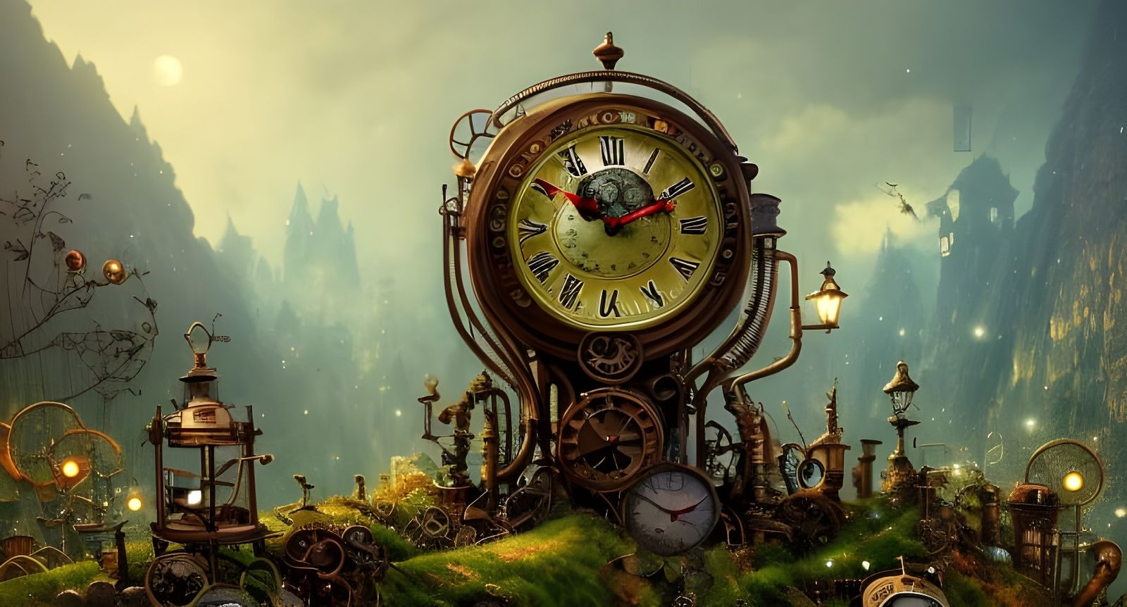 Steampunk Clock in Valley, Art Nouveau Style