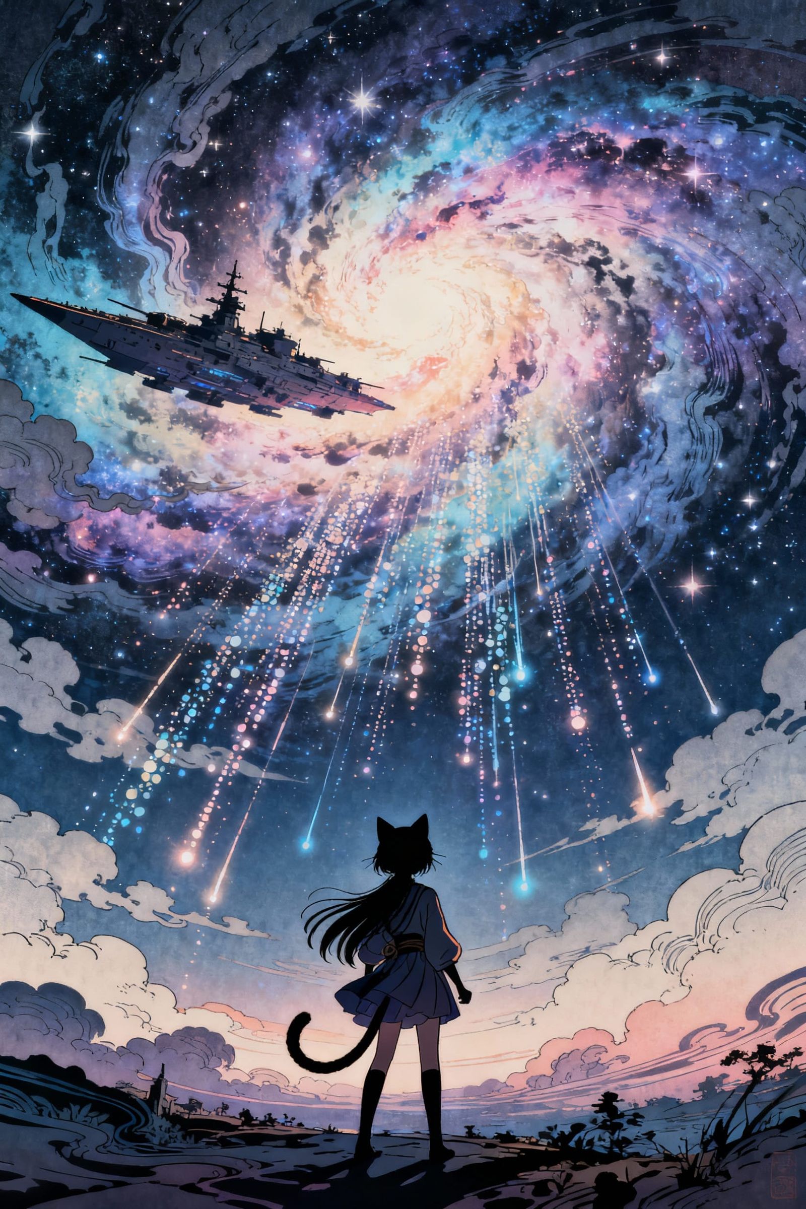 Ukiyo-e Cat Girl Aboard Space Battleship