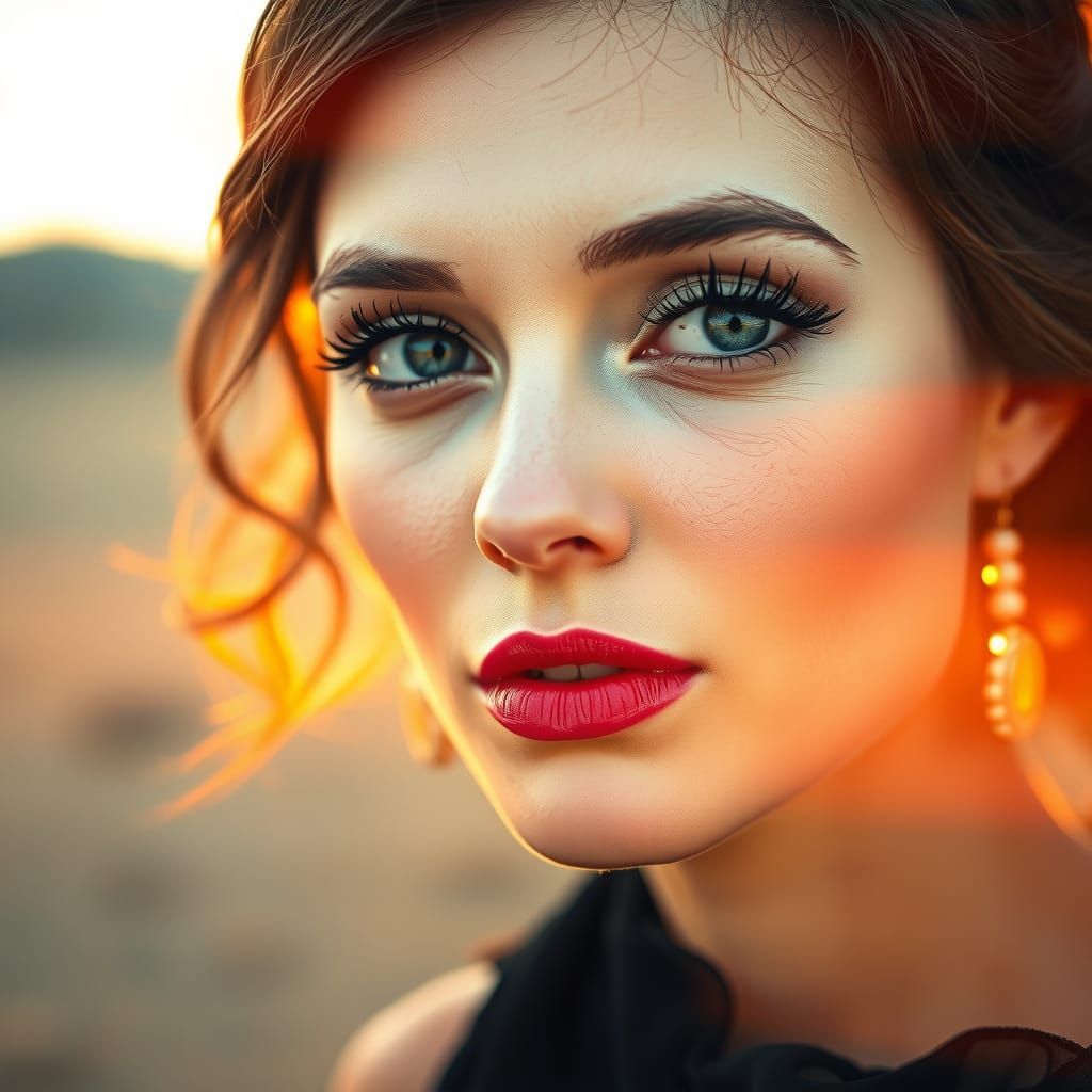 Serene Portrait in Watercolor-Inspired Style with Golden Sun...