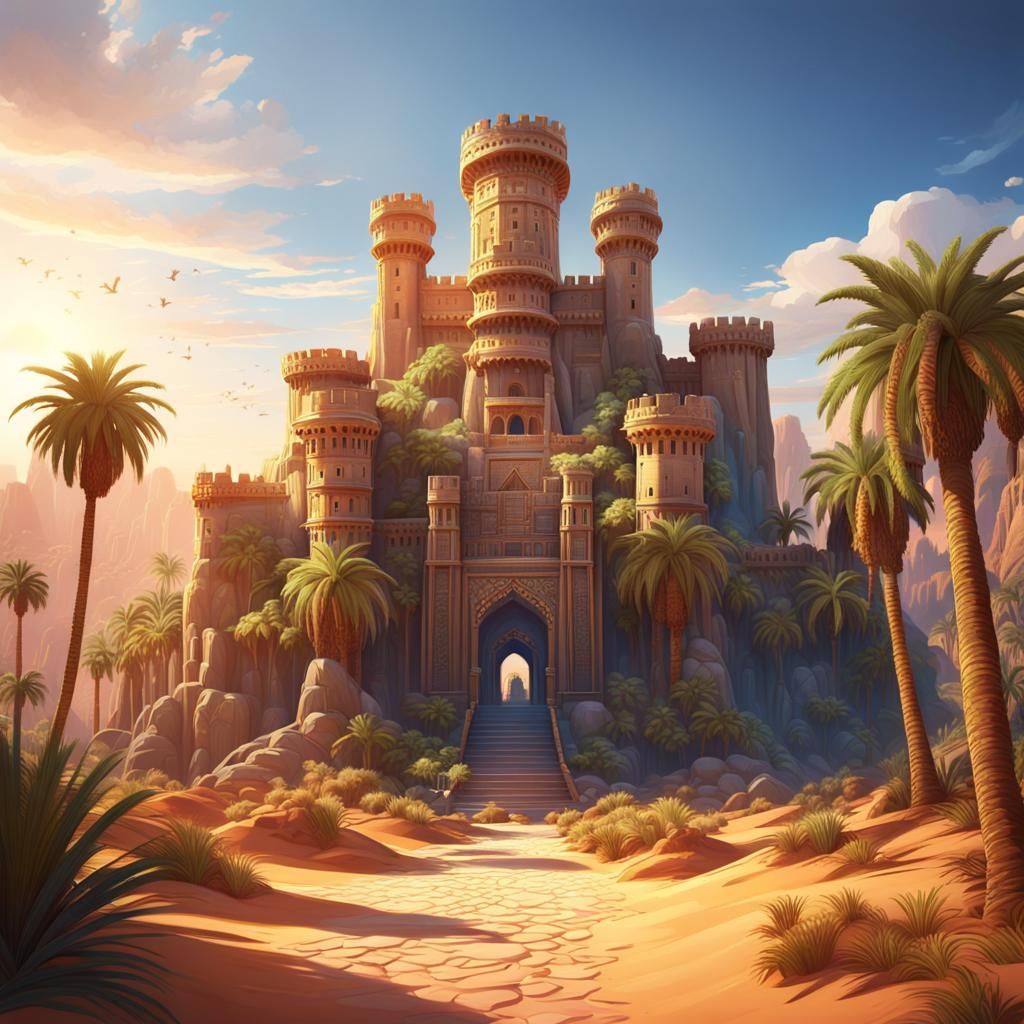 Desert Oasis: Ancient Castle in Fantasy Landscape