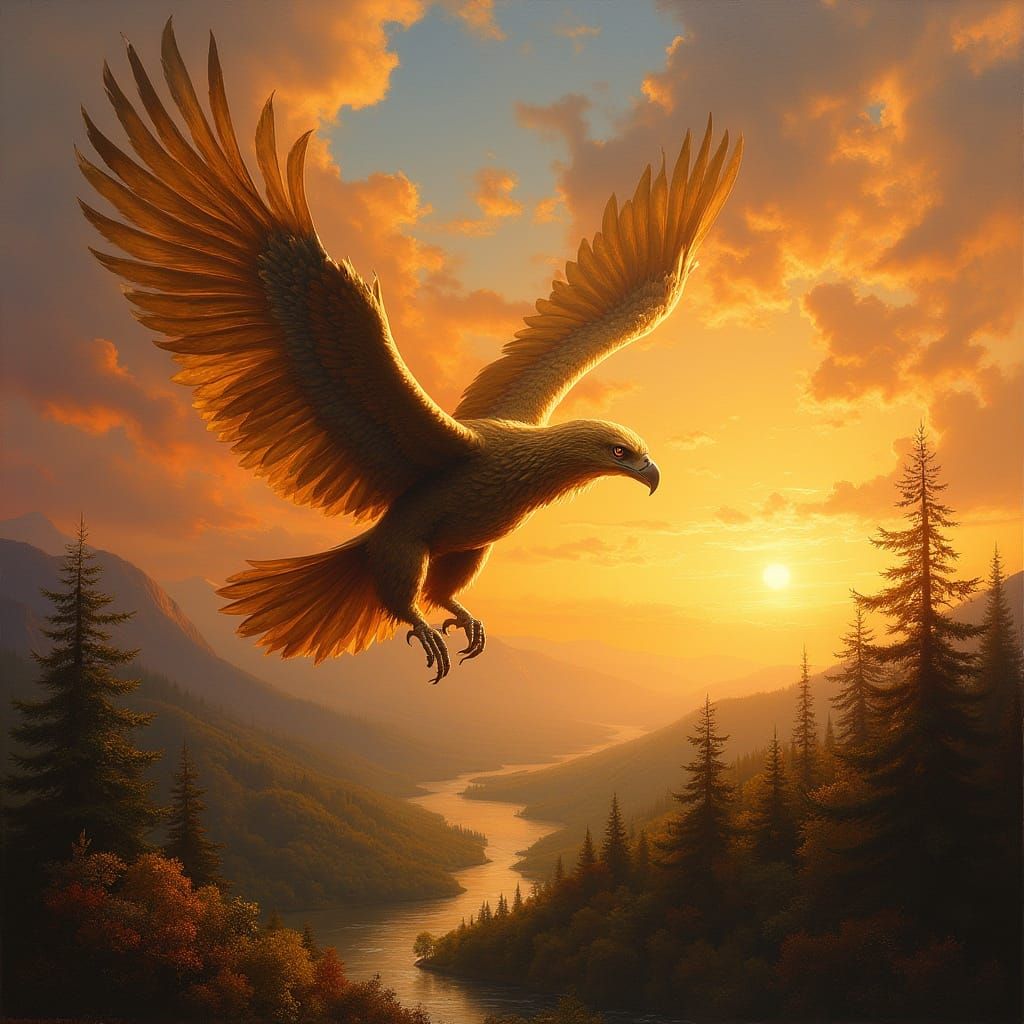 Griffin Soaring at Sunset: A Romanticist Landscape Painting