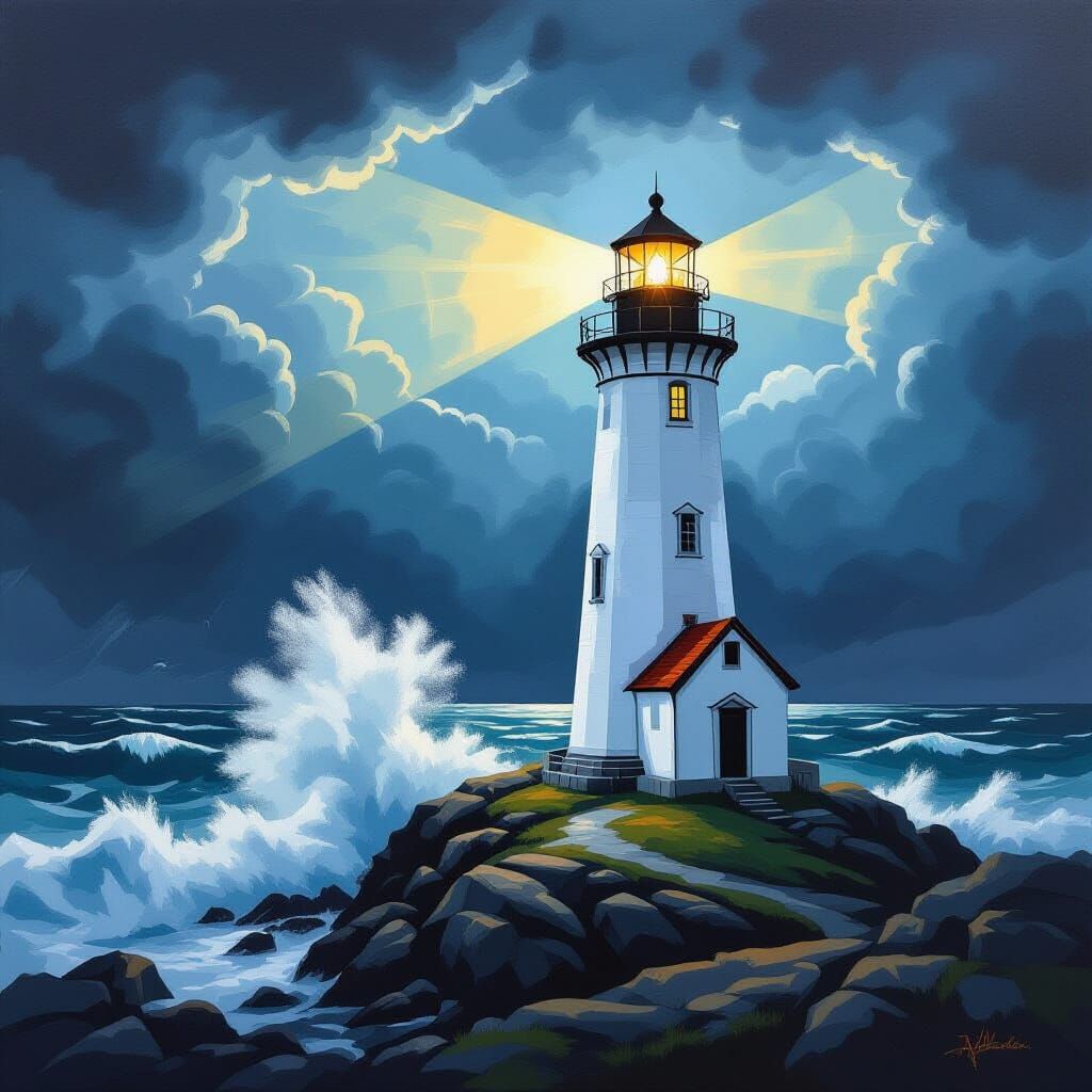 Lighthouse Against Stormy Sky, Acrylic Painting