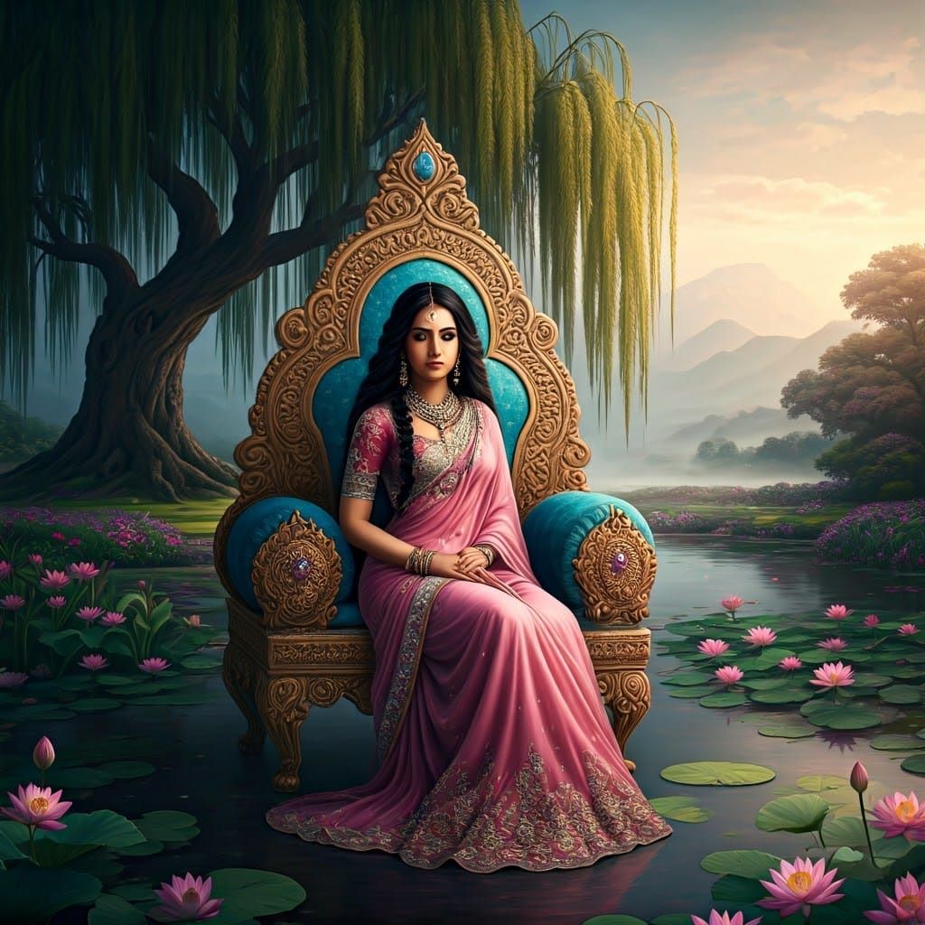 Indian Princess on Lotus Throne in Ornate Realism