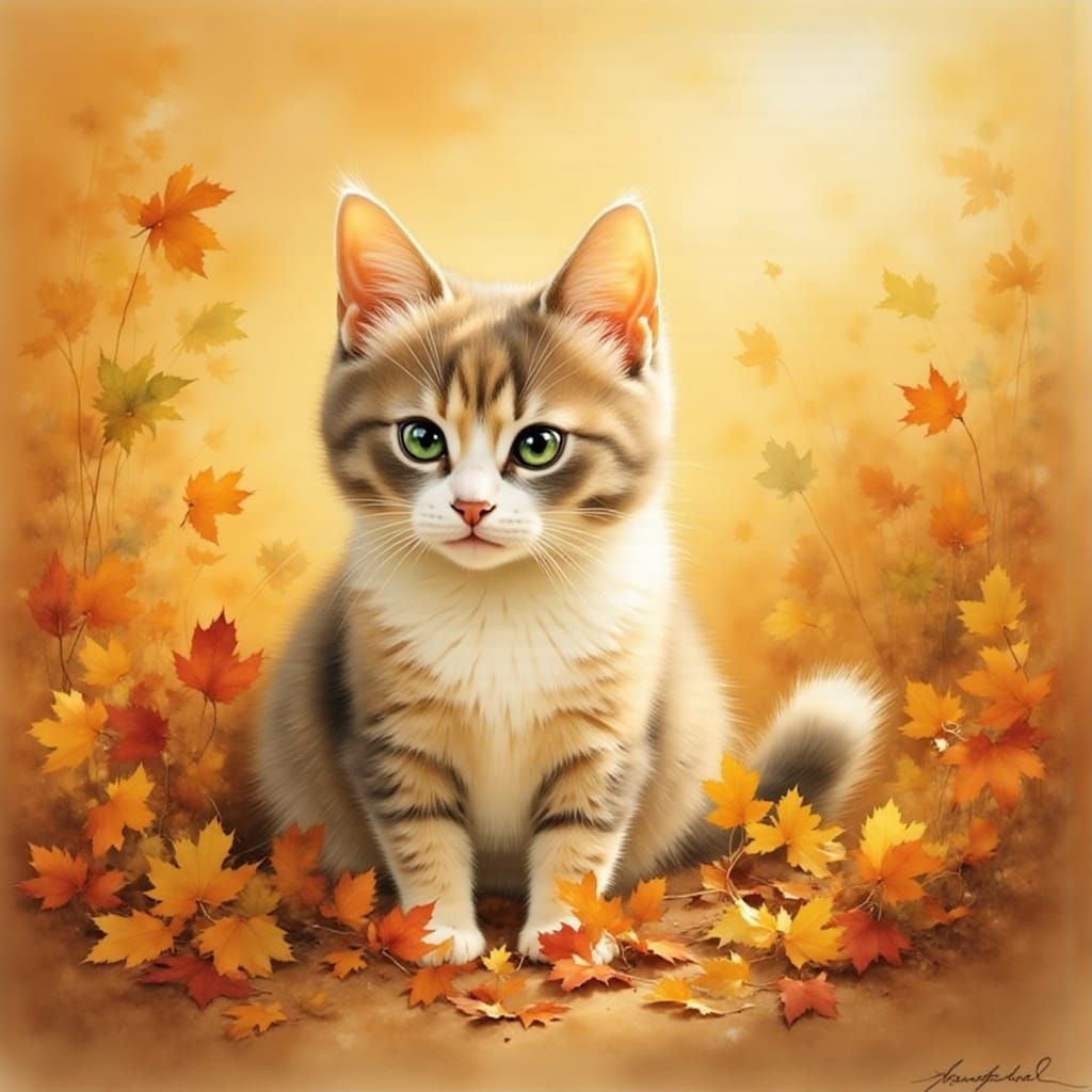 Whimsical Pearl Cat in Autumn Leaves