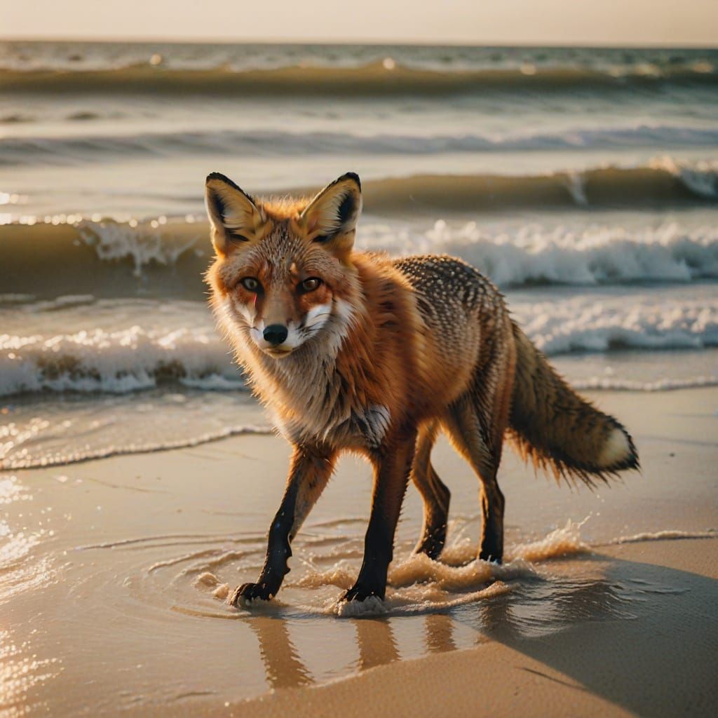 Fox Emerges From Ocean Onto Florida Beach in Golden Hour