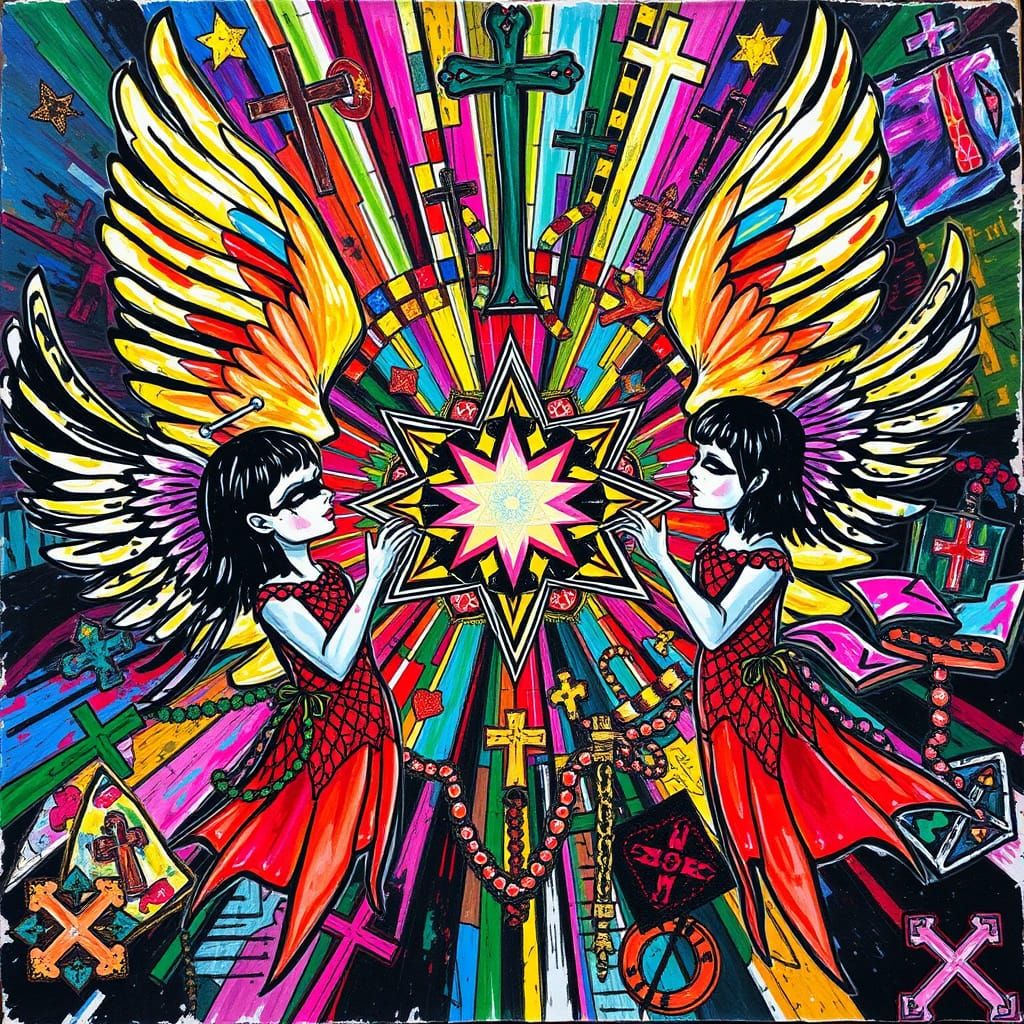 A surreal child's crayon drawing depicts punk goth angels amidst a collection of intricately patterned Catholic religiou...