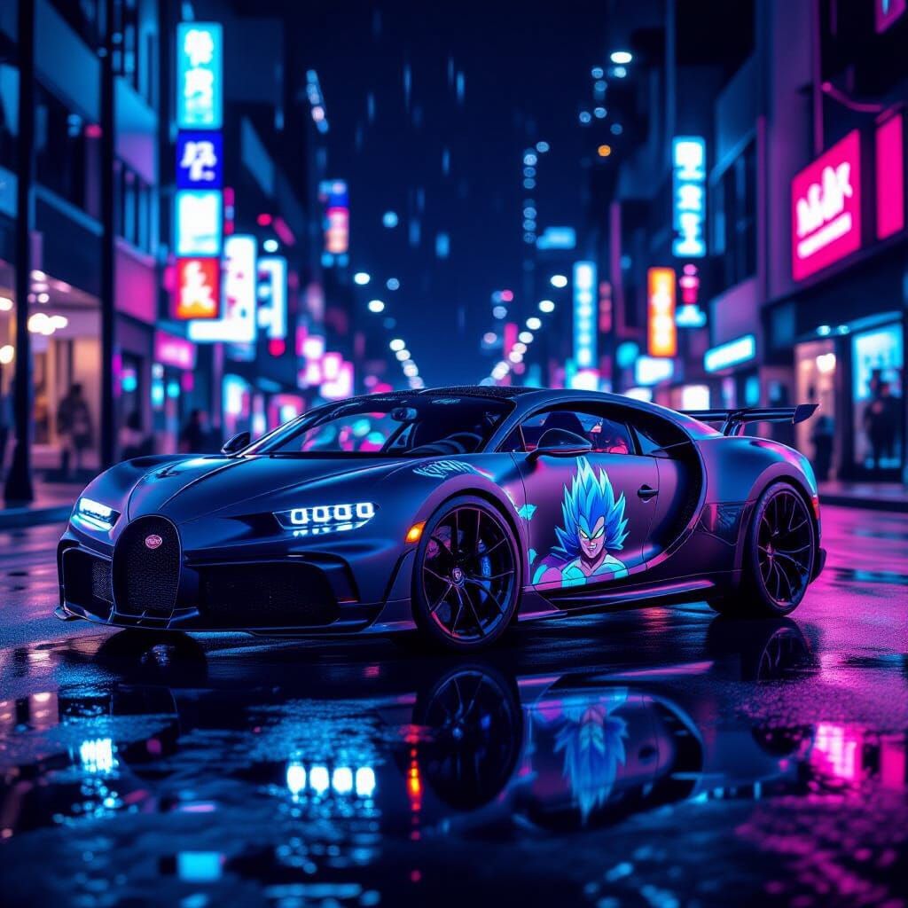 Bugatti Chiron Pur Sport with Vegeta Decal on Neon Street