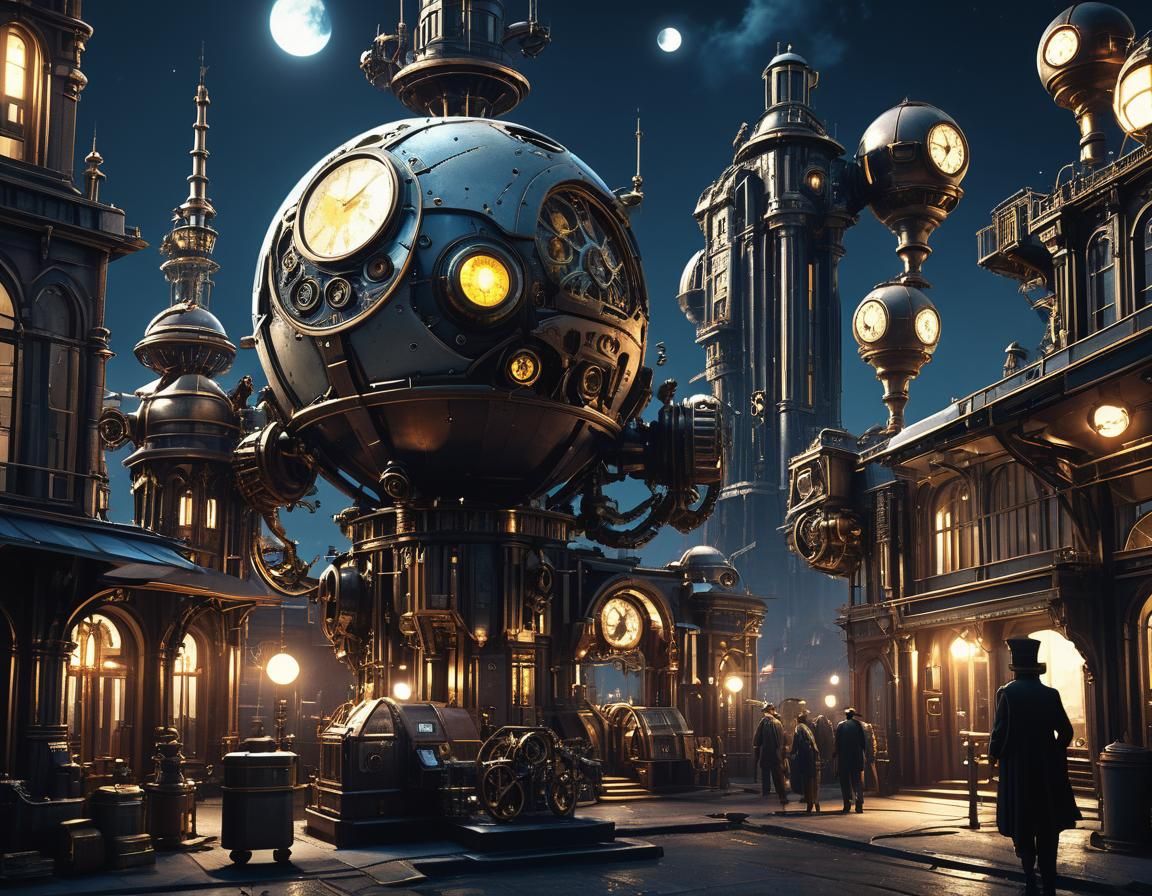 Steampunk City Under a Full Moon in Neo-Geo Style