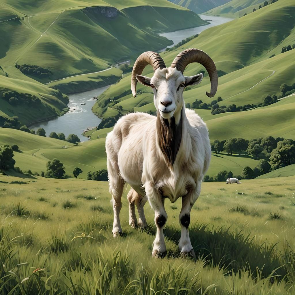 Hyper-Realistic One-Horned Goat in Green Field