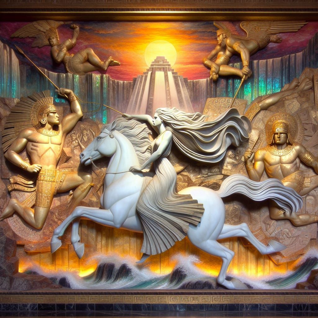 Ethereal Rider on White Horse Amid Ancient Ruins