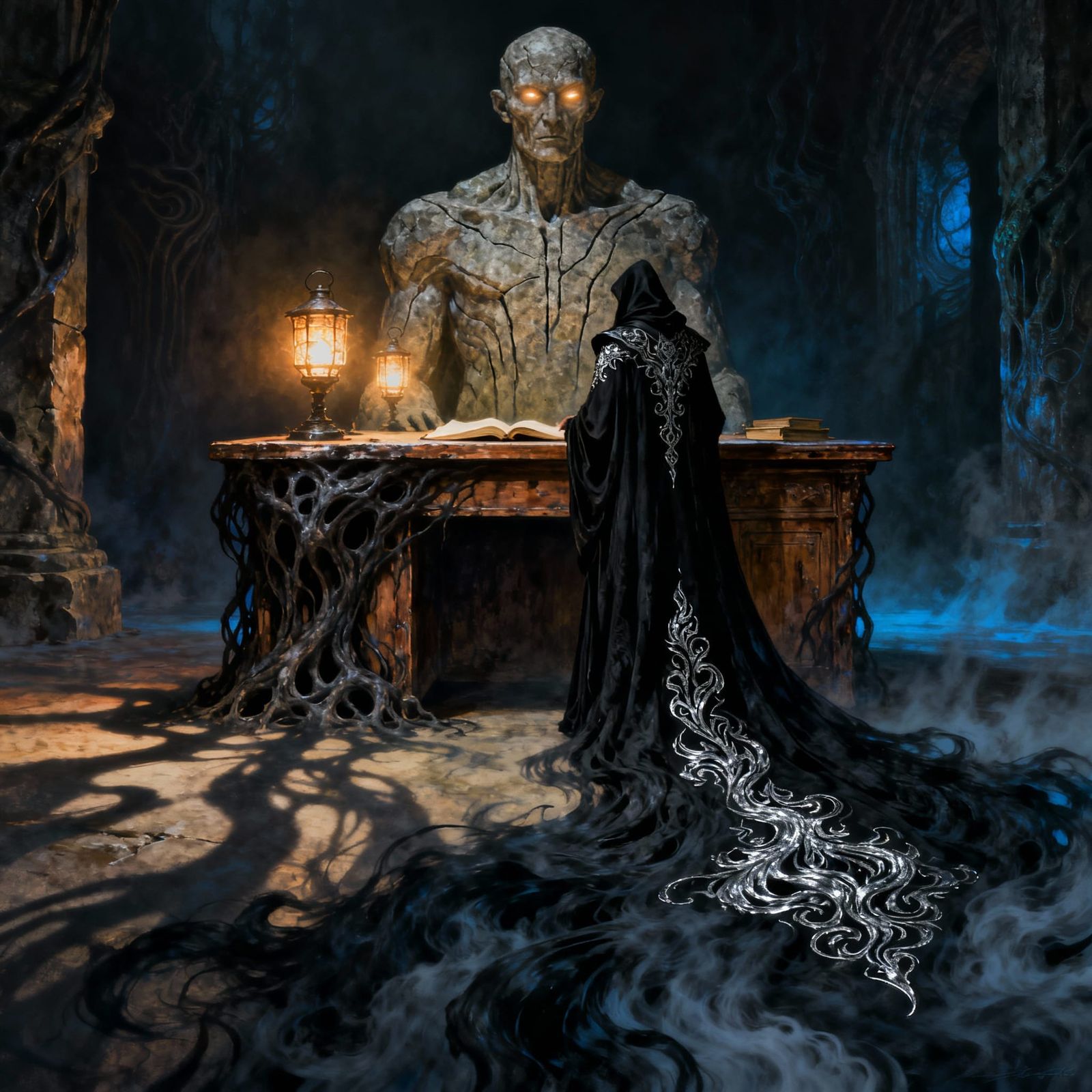 Ancient Stone Figure in Mystical Chamber, Dark Fantasy Art