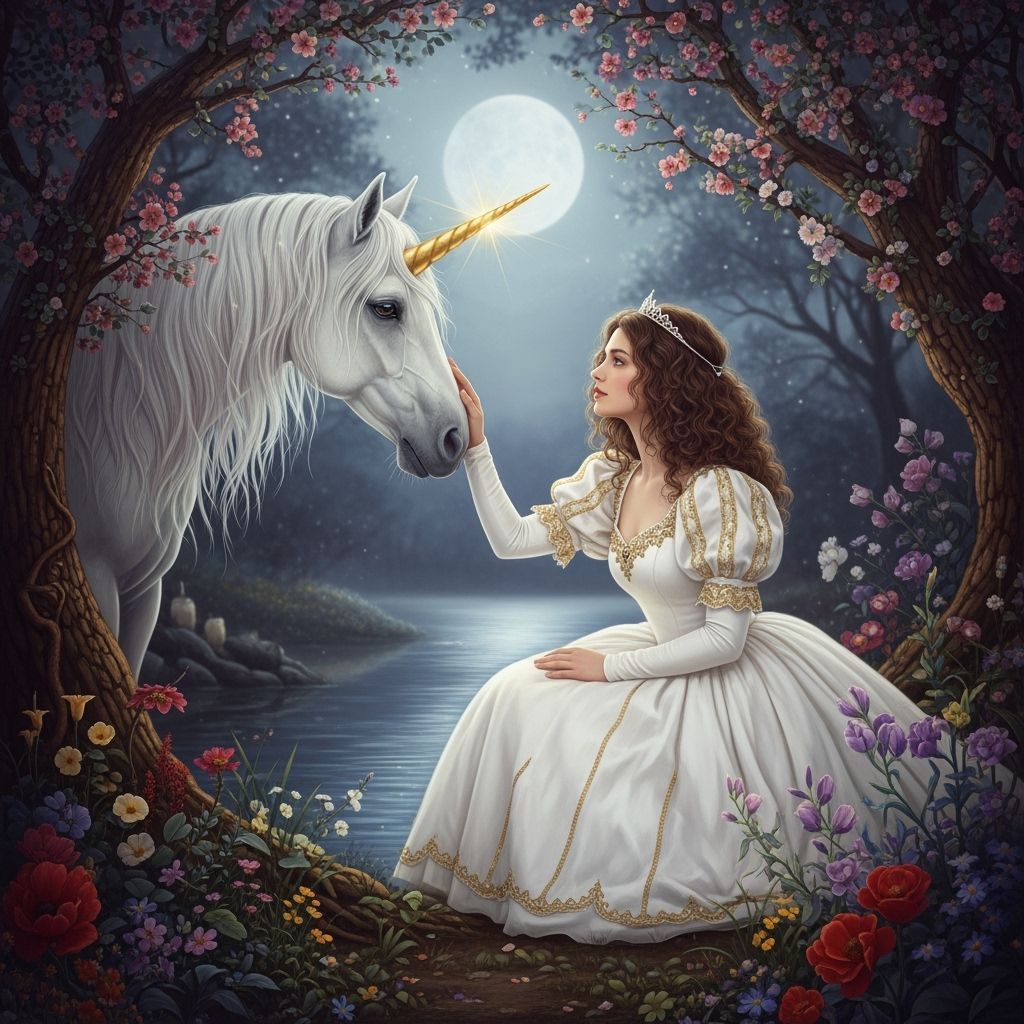 Woman Touches Unicorn in Ethereal Fantasy Art