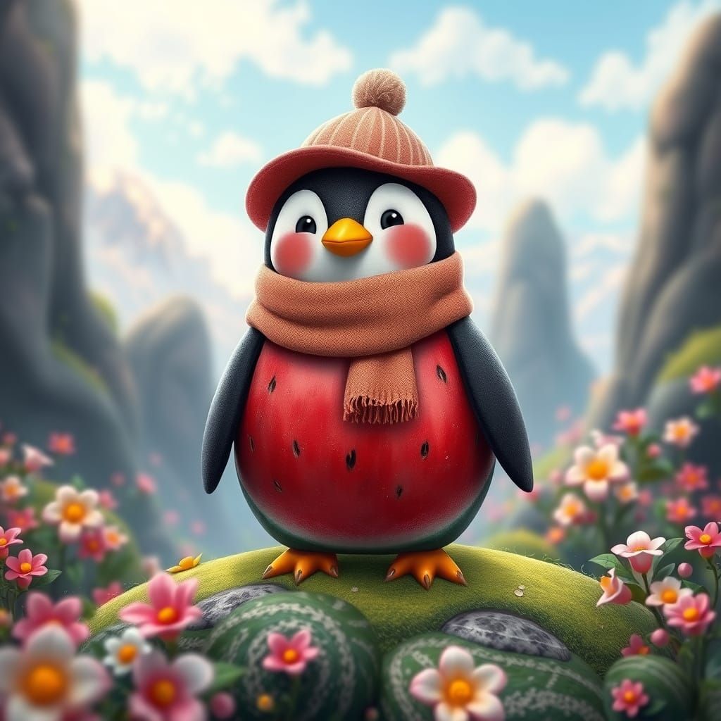 Whimsical Watermelon Penguin in Dreamy Landscape