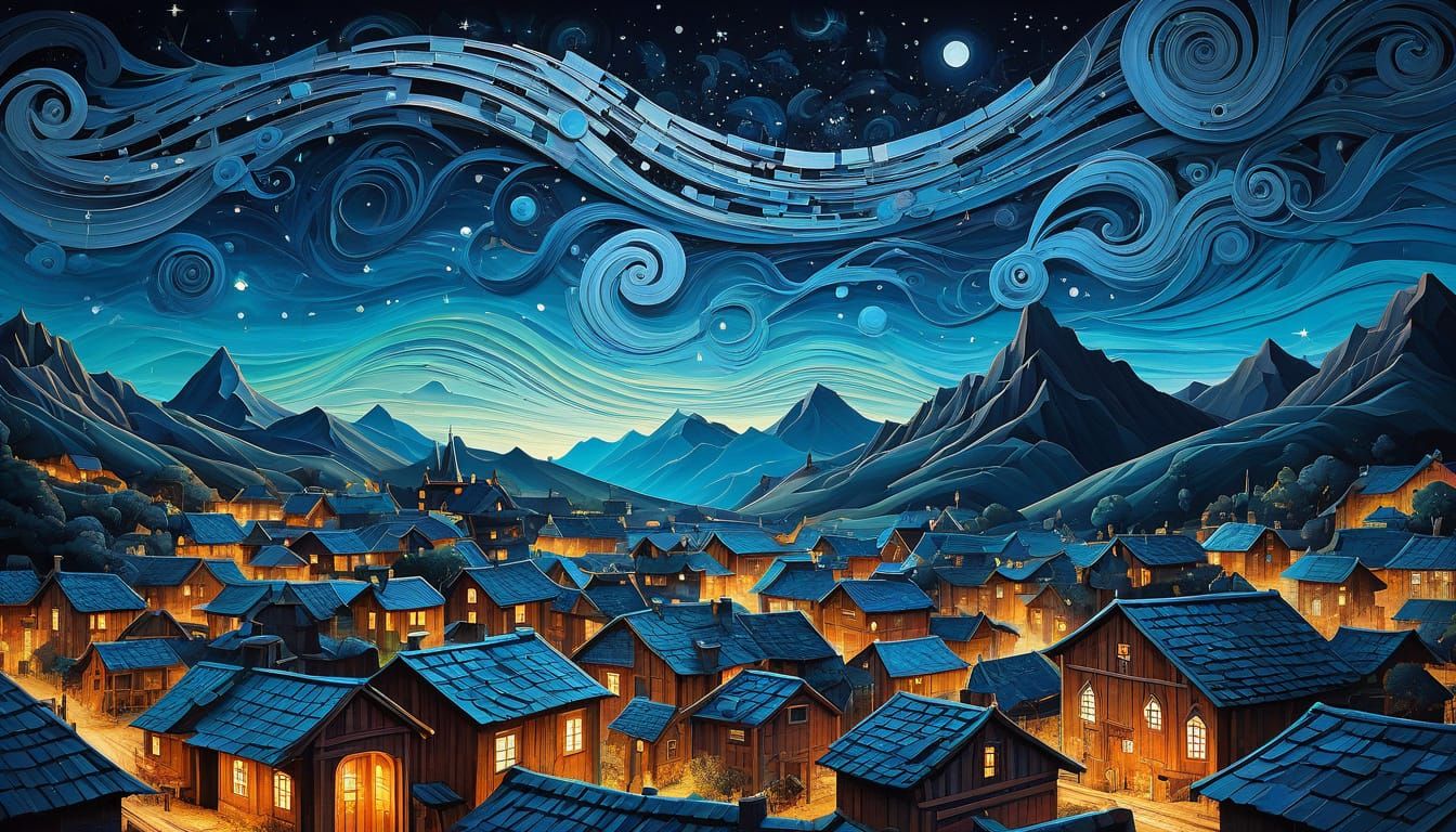 Medieval Village Under Starry Skies in Pointillist Style