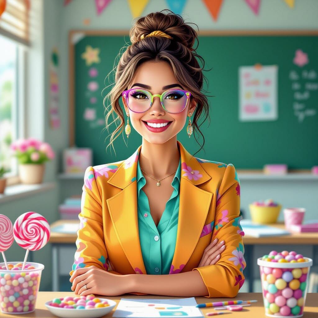 Smiling Teacher in a Vibrant Classroom, Hyperrealistic Style