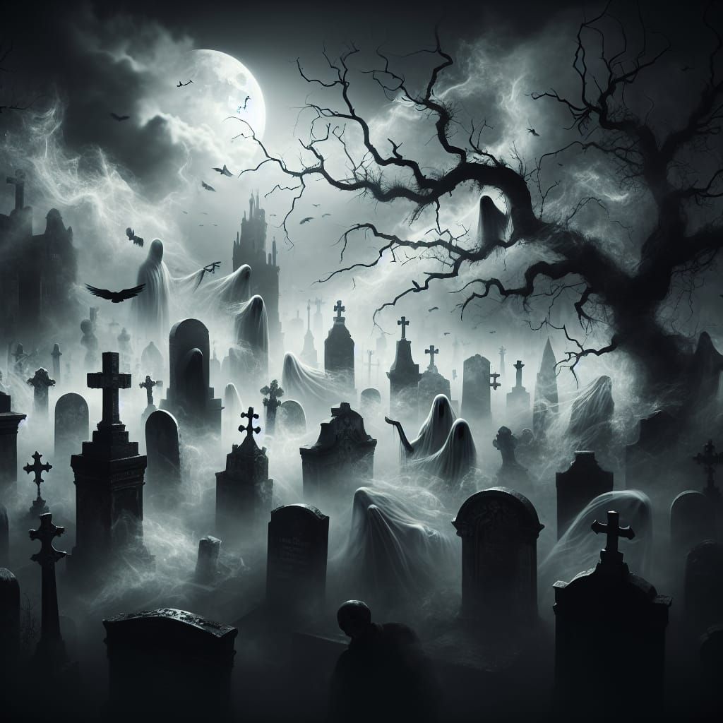 Eerie Graveyard Scene with Ghosts and Ethereal Mists