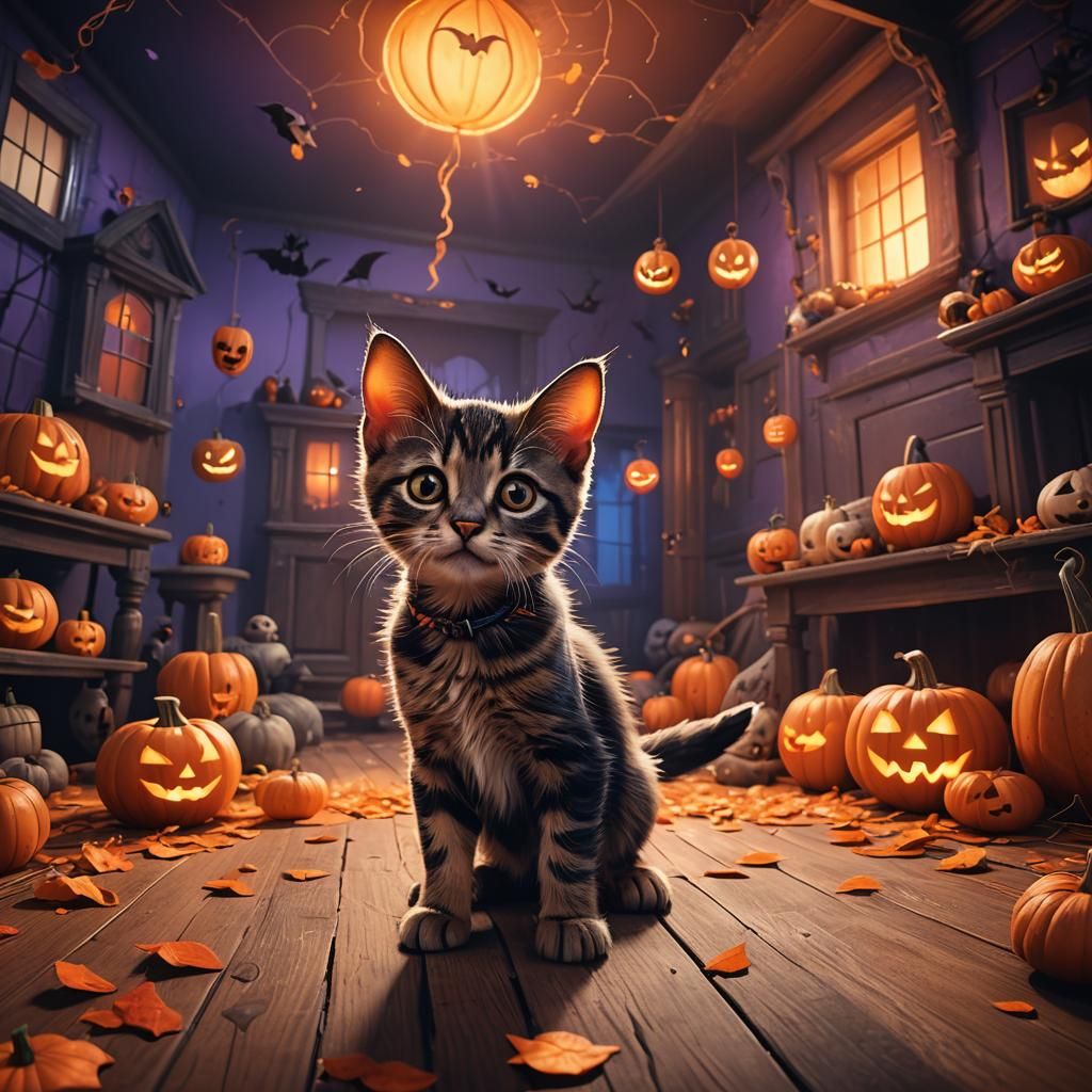 Halloween Kitten and Puppy in Haunted House