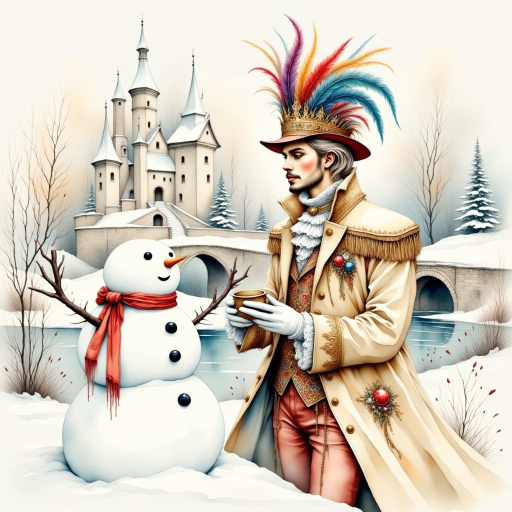 Elegant Lord Builds Snowman Beside Medieval Castle in Whimsi...