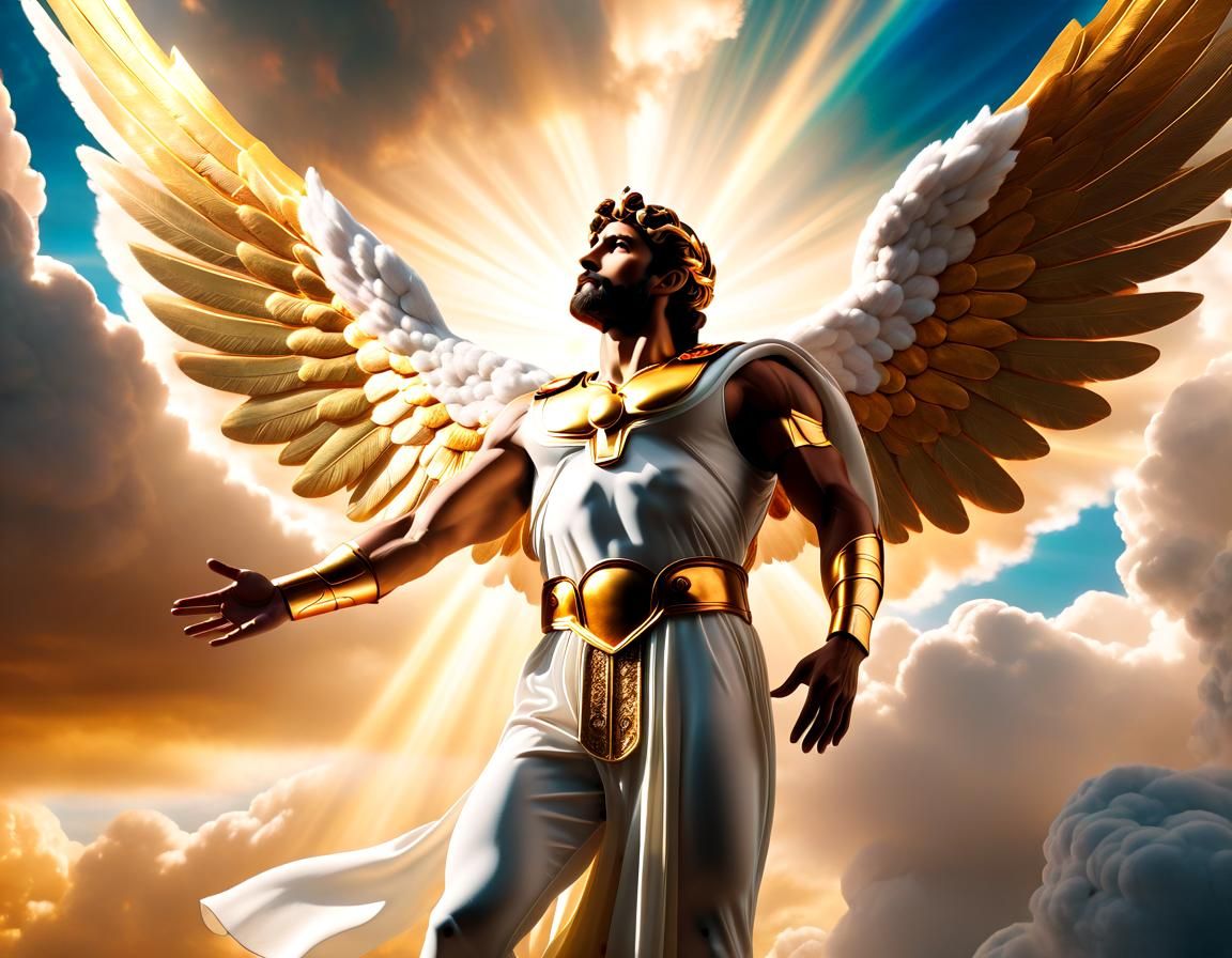 Majestic Figure in Cloudy Sky, Cinematic Still