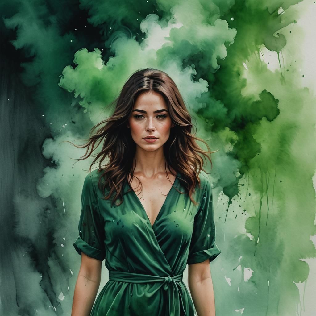 Beautiful Freckled Brunette in Green Dress as Oil Painting