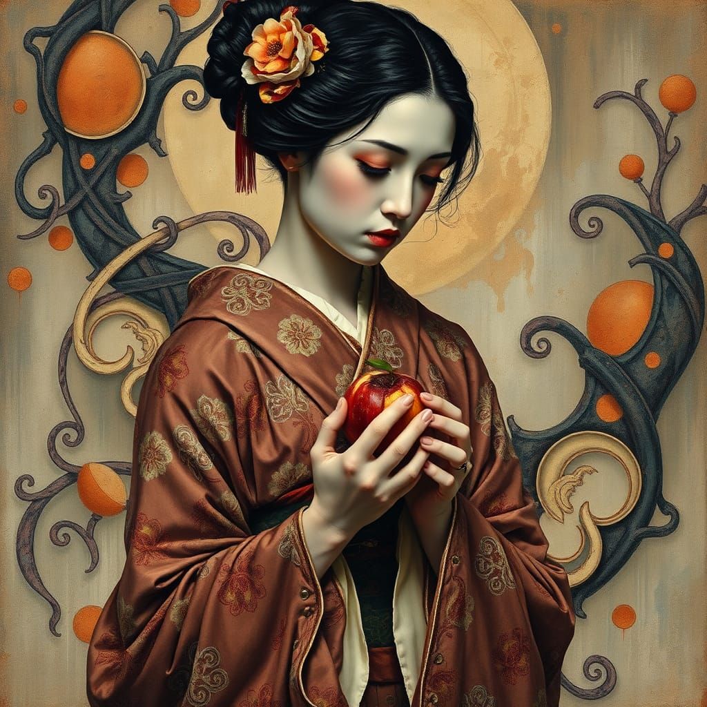 Geisha with Peach: Surreal Dreamscape in Heavy Metal Style