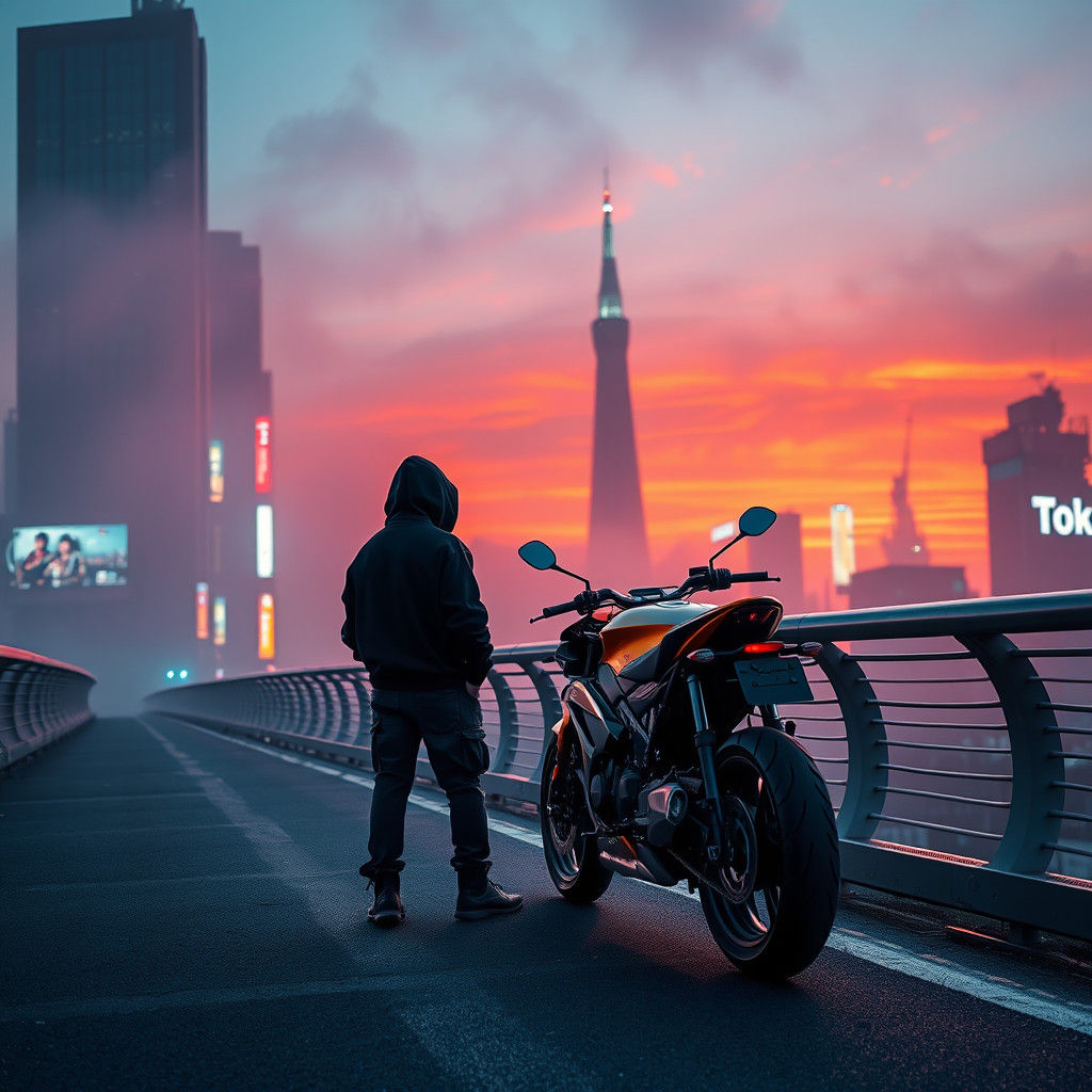 Cyberpunk Figure Gazing at Tokyo Sunset
