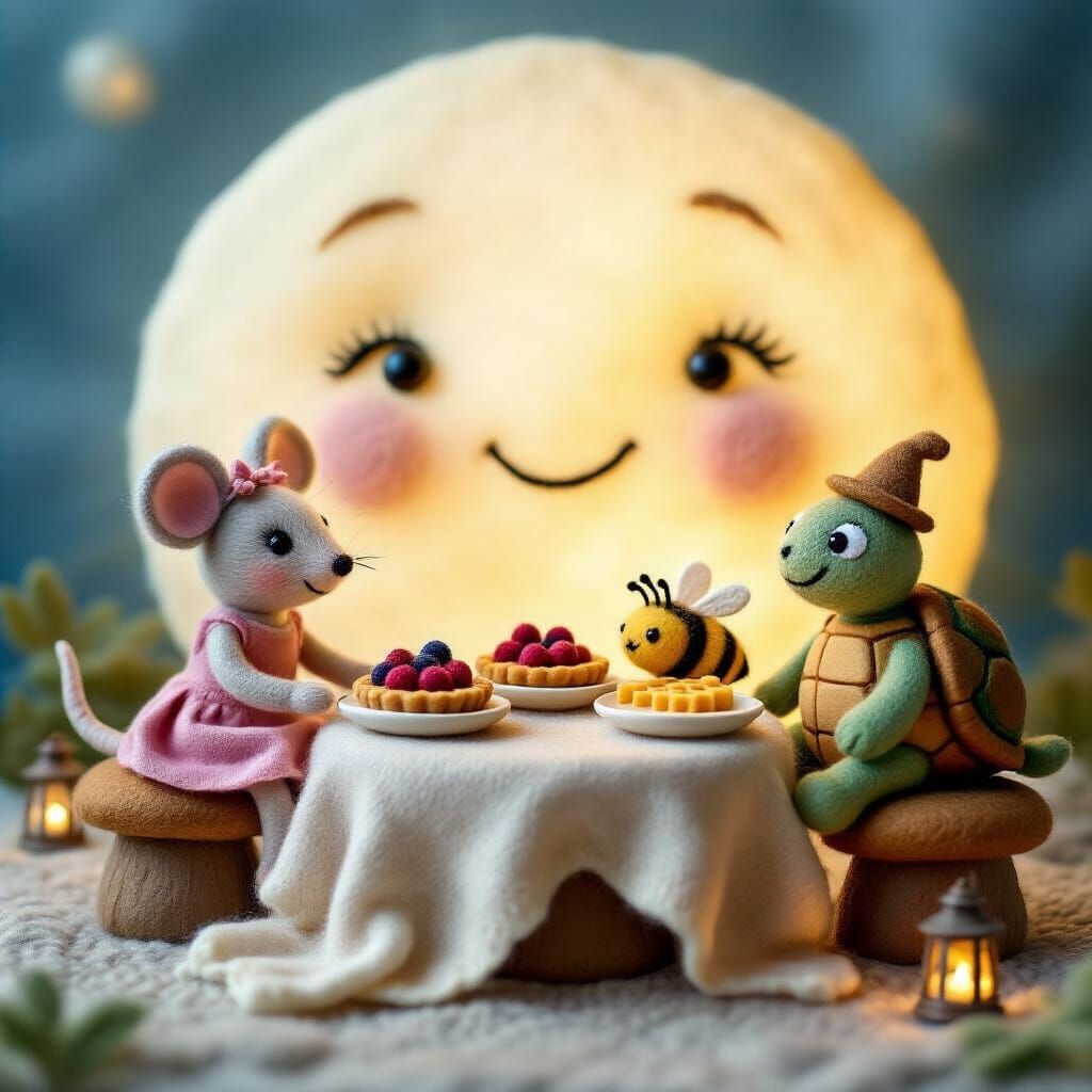 Needle-Felted Dinner Party Under Smiling Moon